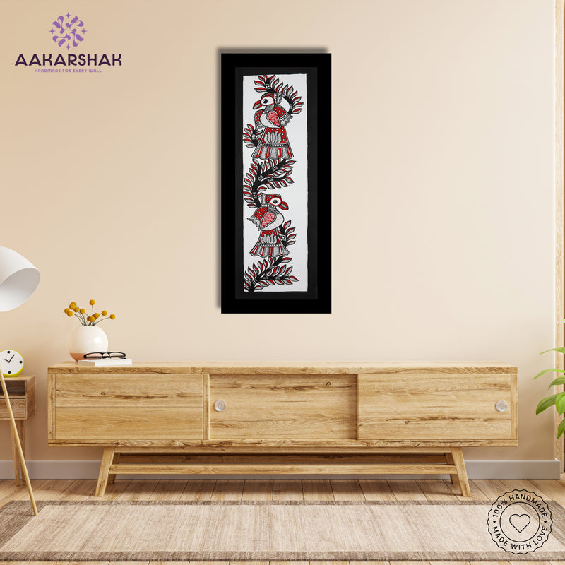 Framed artwork with peacock design -handmade madhubani painting for home decor