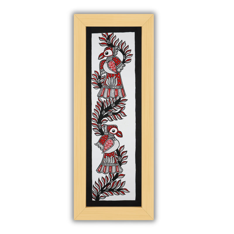 Framed artwork of a colorful peacock-with handmade madhubani painting