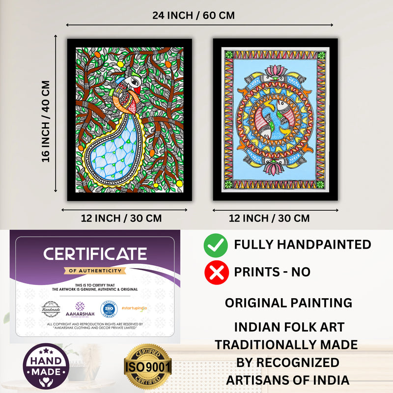 Handmade Madhubani Painting Set of 2 – Peacock and Fish 12x16