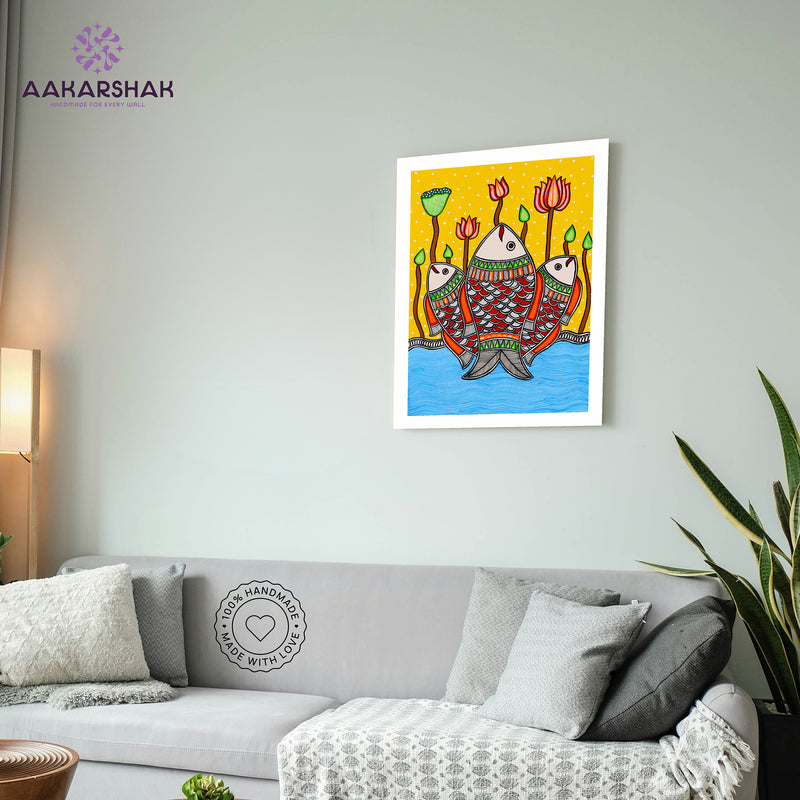 Handmade Madhubani Fish Painting 12x16 Inch Wall Decor