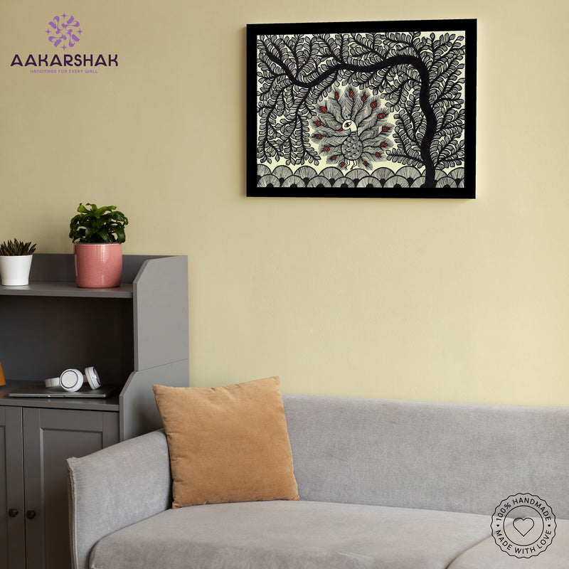 Handmade Dancing Peacock Madhubani Painting Wall Decor 12x16