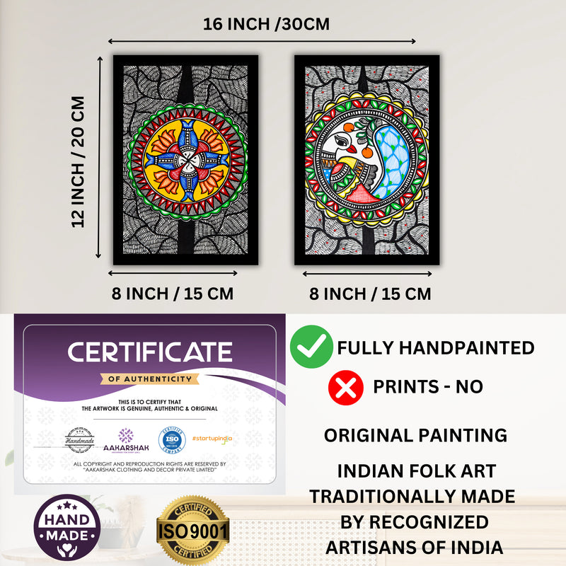 Handmade Fish and Peacock Madhubani Painting 8x12 Set of 2