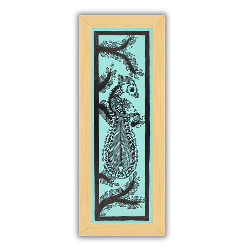 Framed artwork of a colorful peacock-with handmade madhubani painting