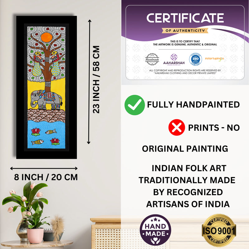 Framed artwork with dimensions, authenticity certificate and handmade iso certified-elephant madhubani painting