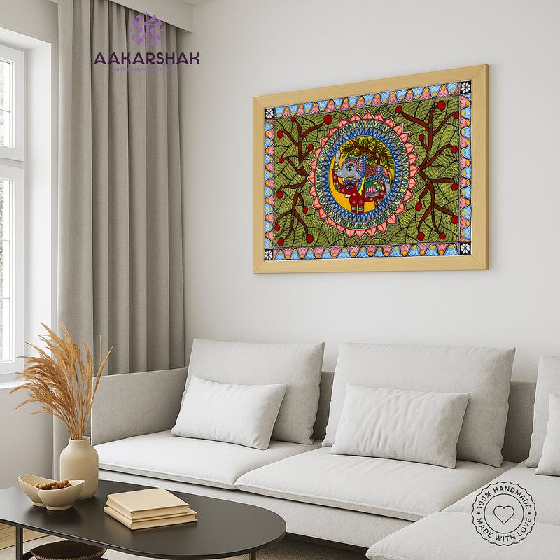 Handmade Elephant Madhubani Painting Wall Decor 17x24