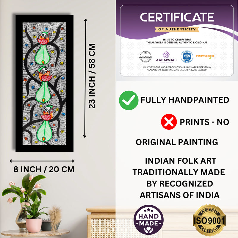 Handmade Peacock Tree of life Madhubani Painting | Wall Decor 8x23