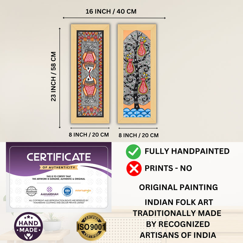 Handmade Madhubani Painting Set of 2 –Fish and Peacock Wall Decor 8x23