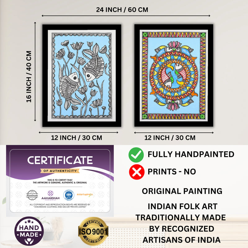 Handmade Madhubani Painting Set of 2 – Fish 12x16