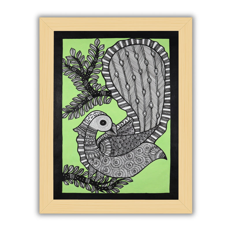 Handmade Madhubani art Peacock Painting Framed Indian Wall Decor 17x24 Inch
