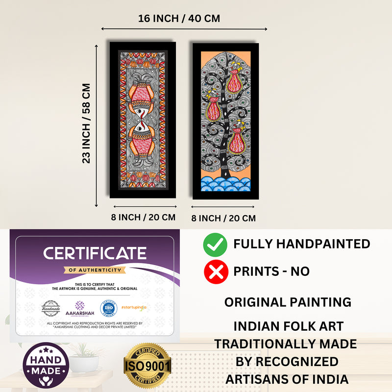 Handmade Madhubani Painting Set of 2 –Fish and Peacock Wall Decor 8x23