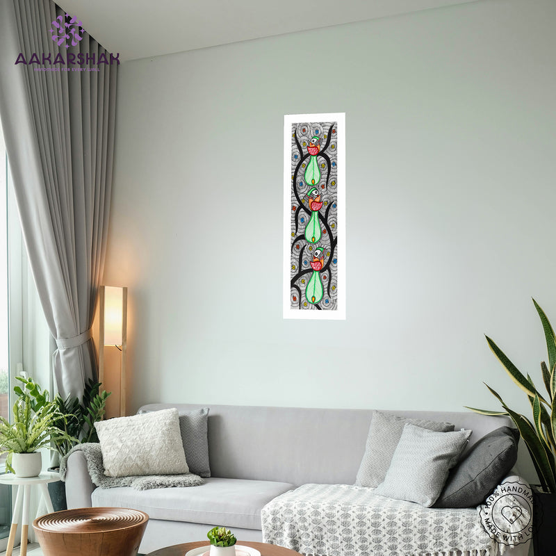 Handmade Peacock Tree of life Madhubani Painting | Wall Decor 8x23