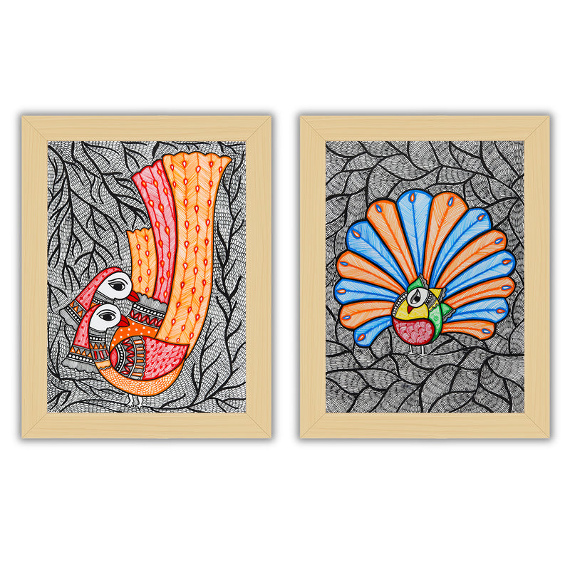 Handmade Madhubani Painting Set of 2 – Peacock 12x16
