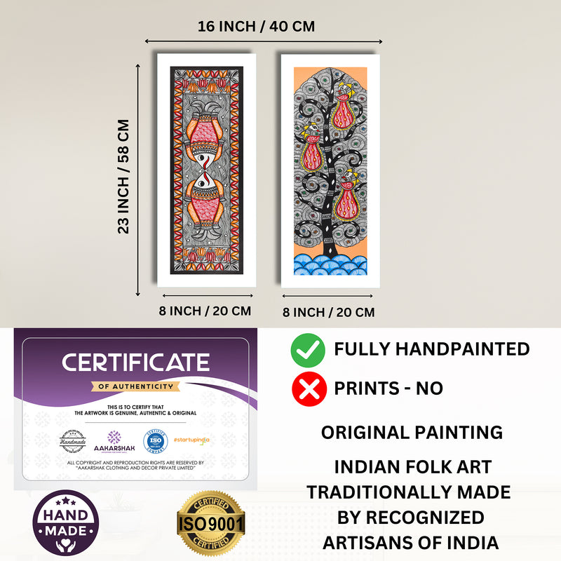 Handmade Madhubani Painting Set of 2 –Fish and Peacock Wall Decor 8x23