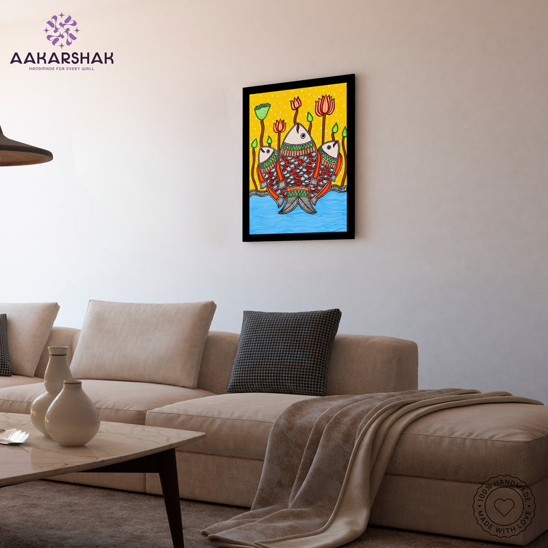 Handmade Madhubani Fish Painting 12x16 Inch Wall Decor