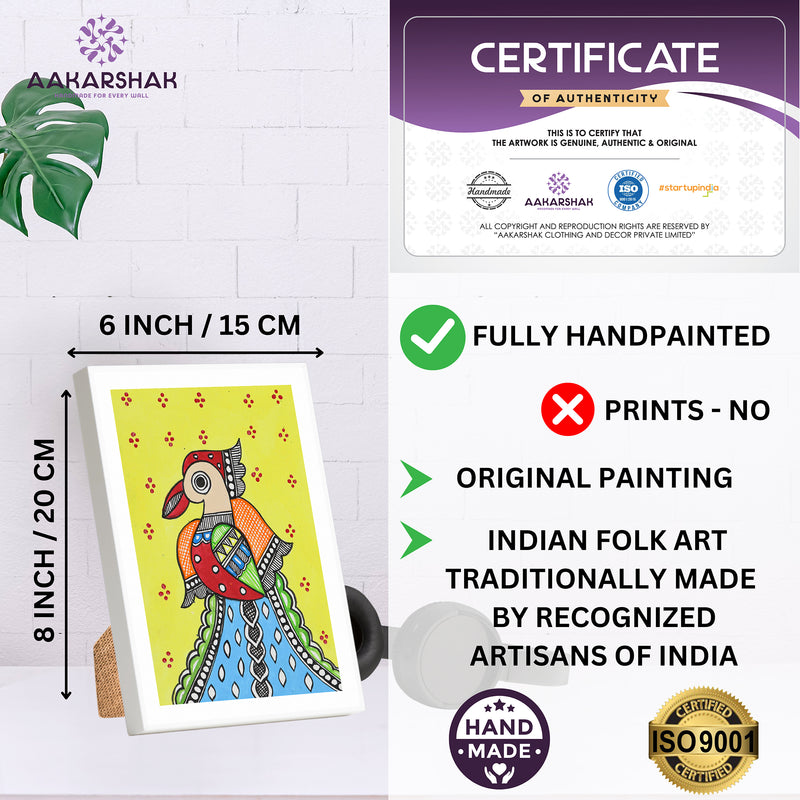 Handmade Madhubani Peacock Painting 6x8 Inch Framed Indian Wall Decor