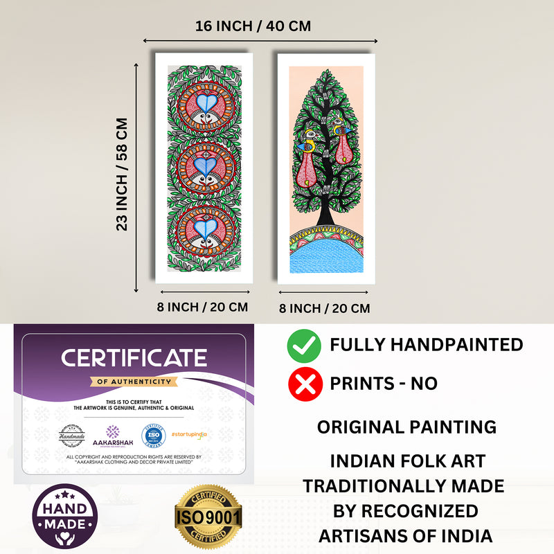 Handmade Madhubani Painting Set of 2 – Fish & Peacock Wall Decor 8x23