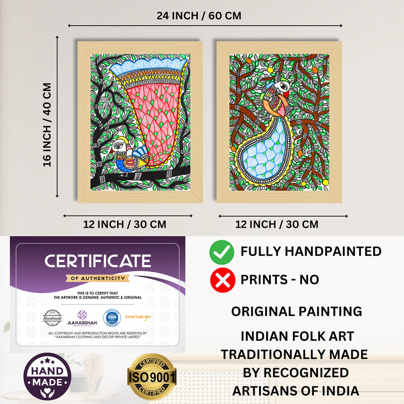 Handmade Madhubani Painting Set of 2 – Peacock 12x16