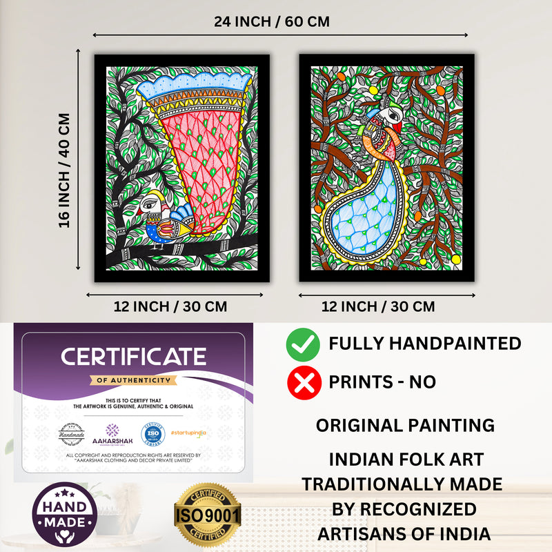 Handmade Madhubani Painting Set of 2 – Peacock 12x16