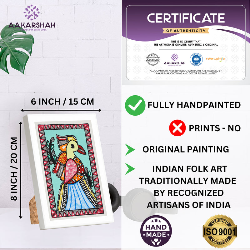 Handmade Madhubani Peacock Painting 6x8 Inch Framed Indian Wall Decor