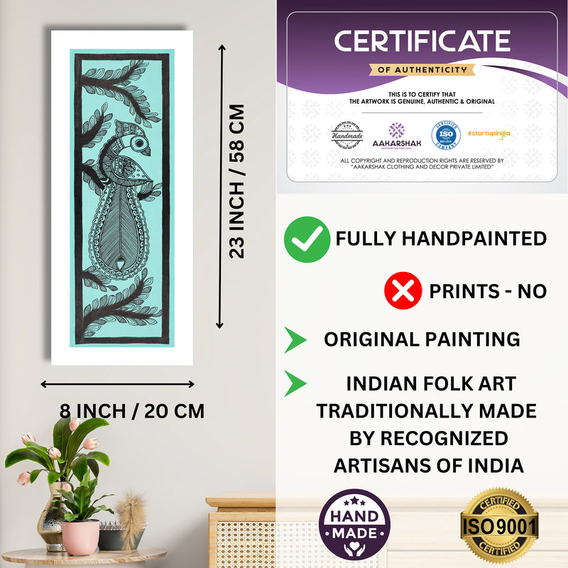 Framed artwork with dimensions, authenticity certificate and handmade iso certified-peacock madhubani painting