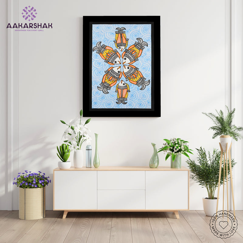 Handmade Madhubani art Fish Painting Framed Indian Wall Decor 17x24 Inch