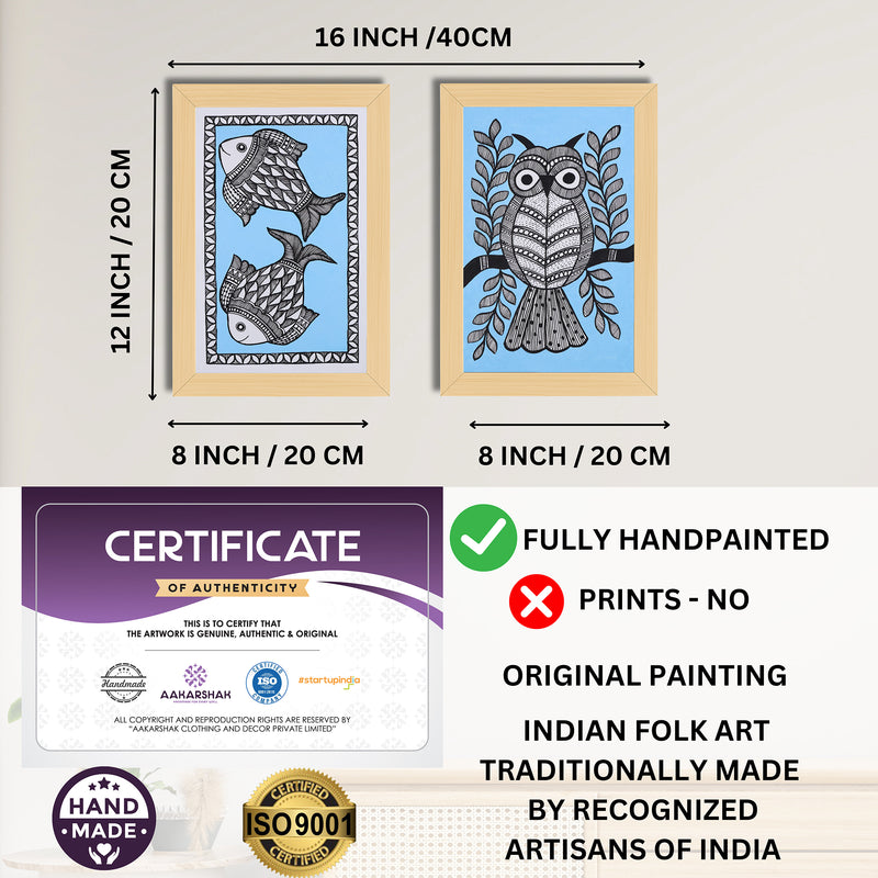 Handmade Fish and Owl Madhubani Painting 8x12 Set of 2