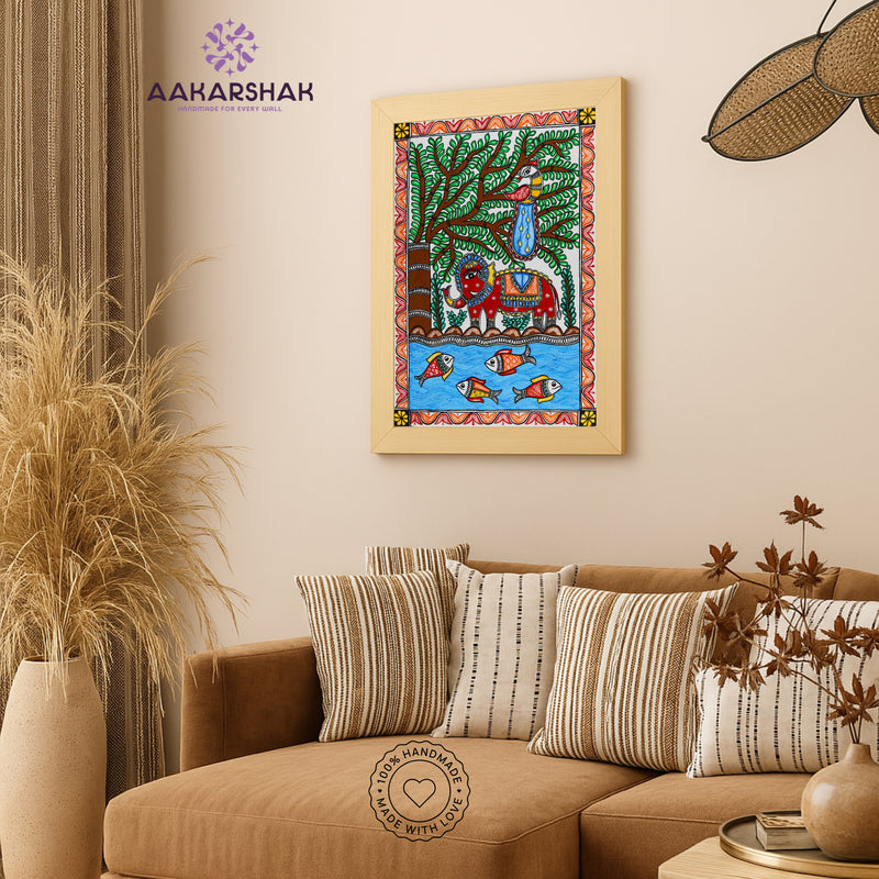 Handmade Elephant Madhubani Painting Wall Decor 17x24