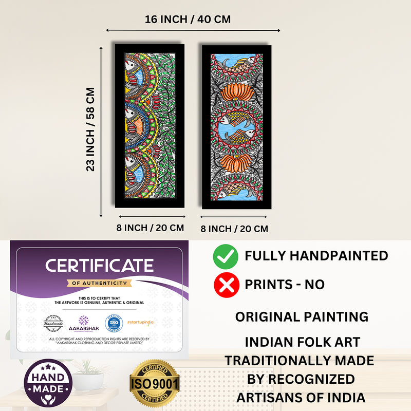 Handmade Madhubani Painting Set of 2 – Fish & Fish Wall Decor 8x23