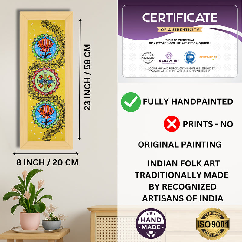 Framed artwork with dimensions, authenticity certificate and handmade iso certified-lotus madhubani painting