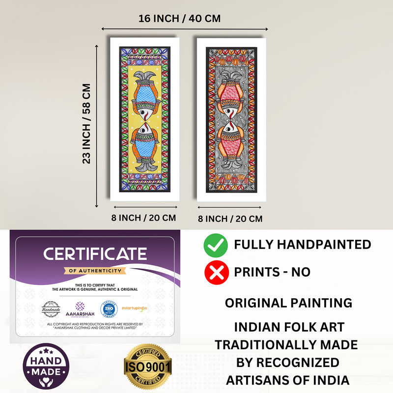 Handmade Madhubani Painting Set of 2 – Fish & Fish Wall Decor 8x23