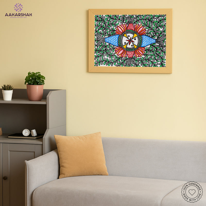 Handmade Madhubani Fish Painting 12x16 Inch Wall Decor