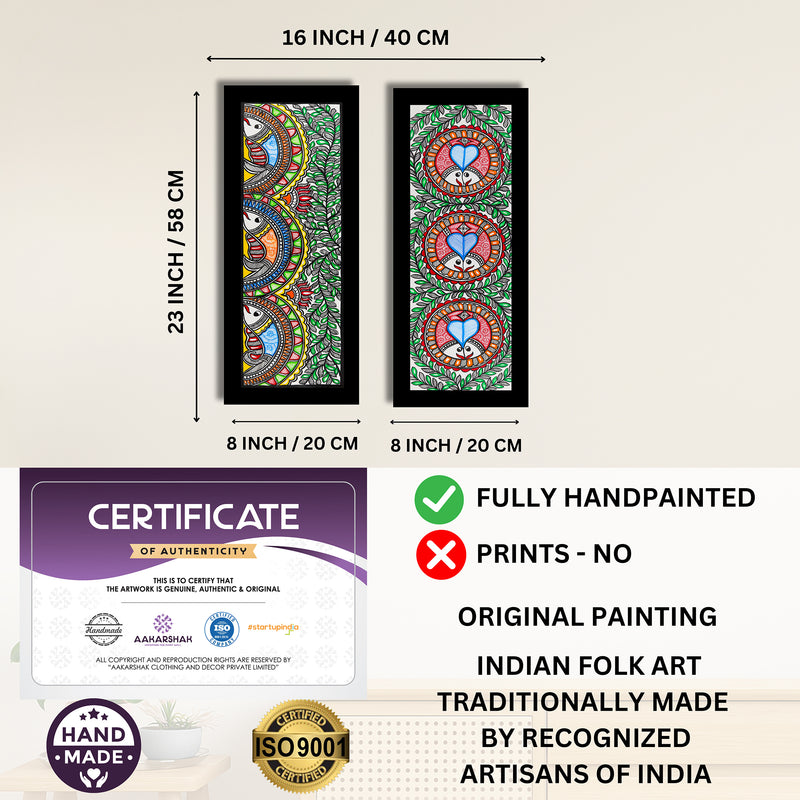 Handmade Madhubani Painting Set of 2 – Fish & Fish Wall Decor 8x23