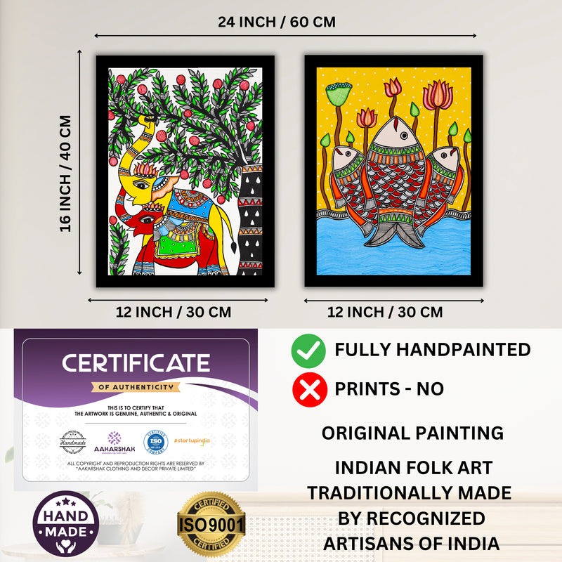 Handmade Madhubani Painting Set of 2 – Elephant and Fish 12x16