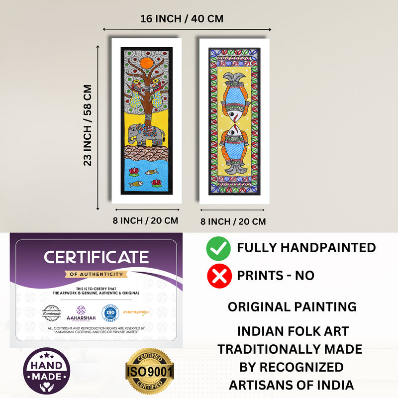Handmade Madhubani Painting Set of 2 – Elephant & Fish Wall Decor 8x23