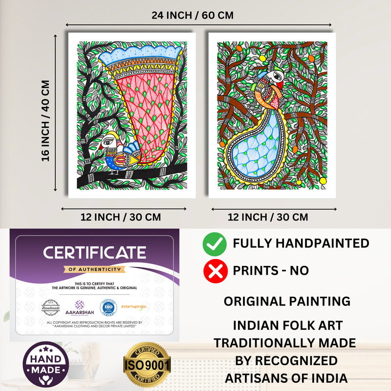 Handmade Madhubani Painting Set of 2 – Peacock 12x16