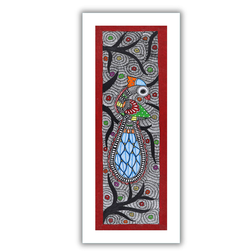 Framed artwork of a colorful peacock-with handmade madhubani painting