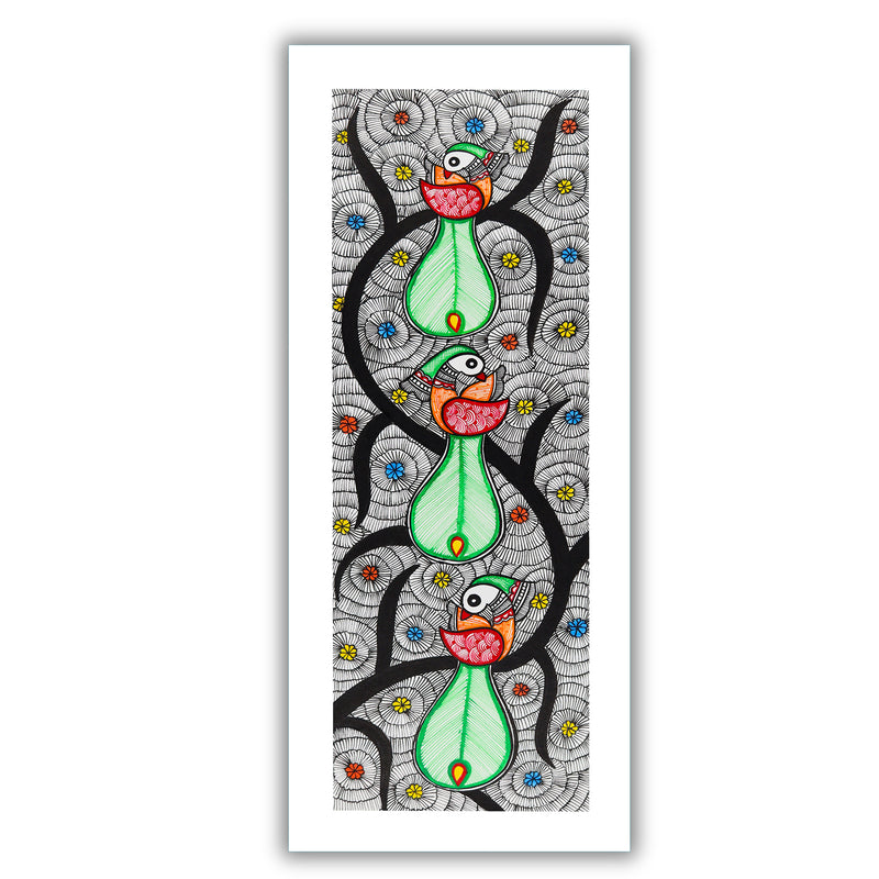 Handmade Peacock Tree of life Madhubani Painting | Wall Decor 8x23