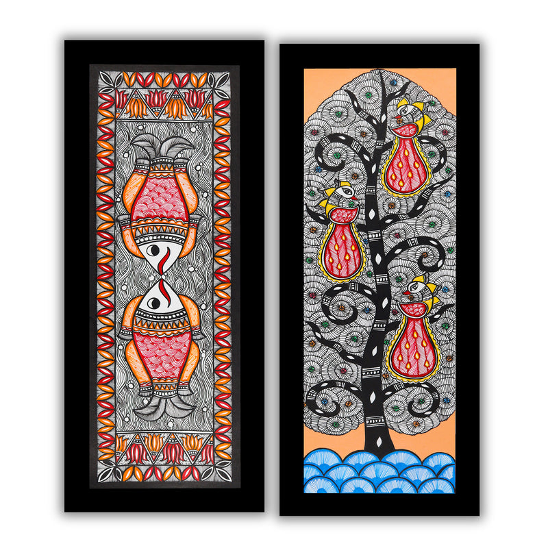 Handmade Madhubani Painting Set of 2 –Fish and Peacock Wall Decor 8x23