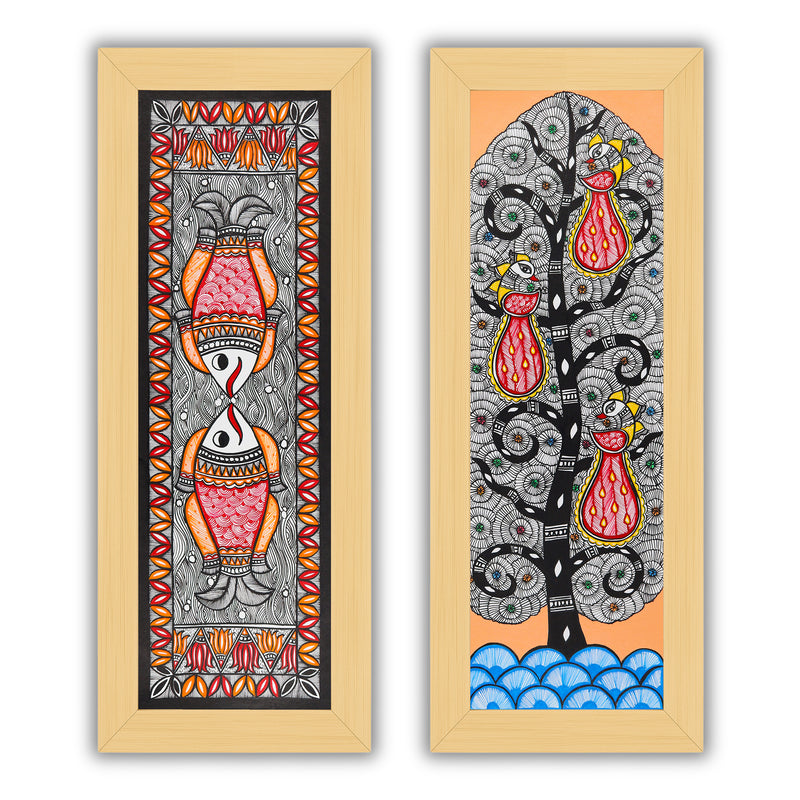 Handmade Madhubani Painting Set of 2 –Fish and Peacock Wall Decor 8x23