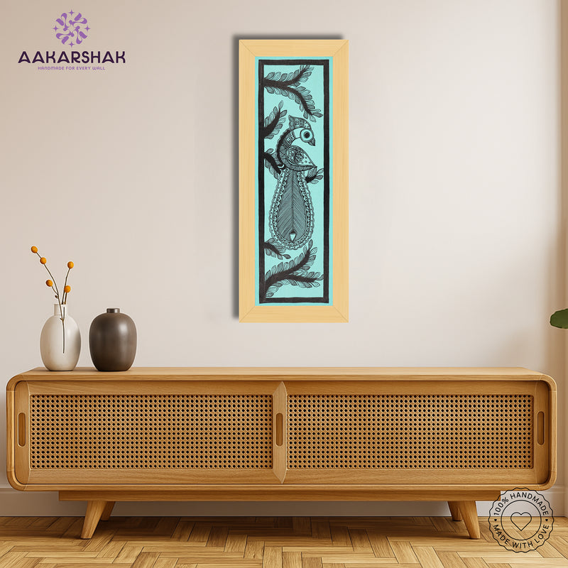 Framed artwork with peacock design -handmade madhubani painting for home decor