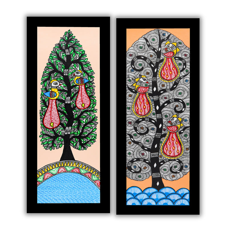 Handmade Madhubani Painting Set of 2 – Peacock and Peacock Wall Decor 8x23