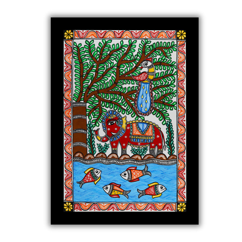 Handmade Elephant Madhubani Painting Wall Decor 17x24