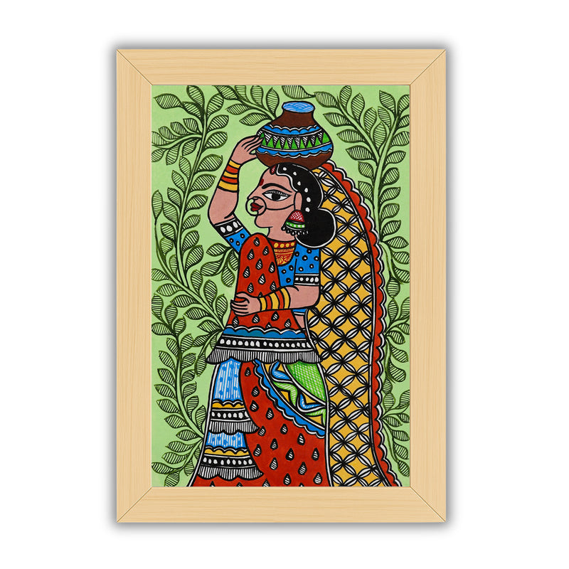 Handmade Madhubani Lady Painting 8x12 Inch Framed Indian Wall Decor