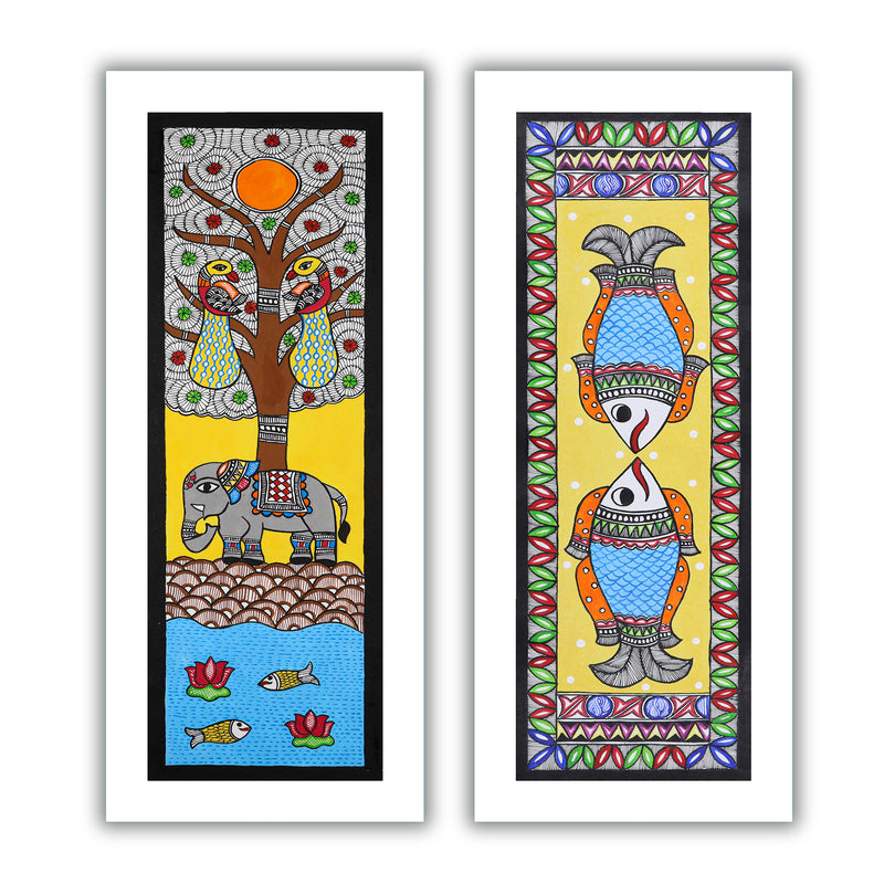 Handmade Madhubani Painting Set of 2 – Elephant & Fish Wall Decor 8x23