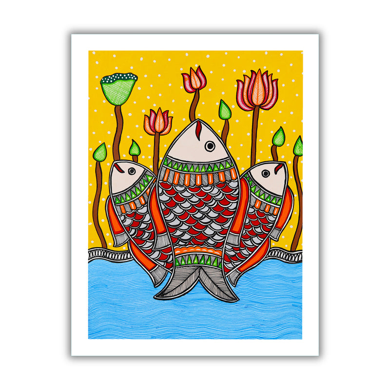 Handmade Madhubani Fish Painting 12x16 Inch Wall Decor