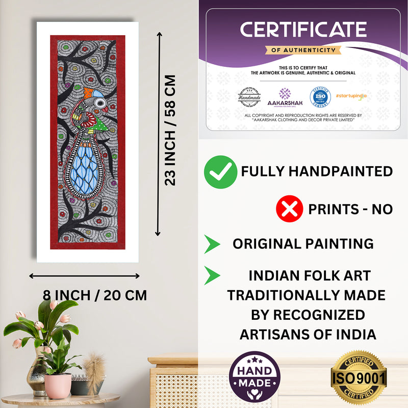 Framed artwork with dimensions, authenticity certificate and handmade iso certified-peacock madhubani painting