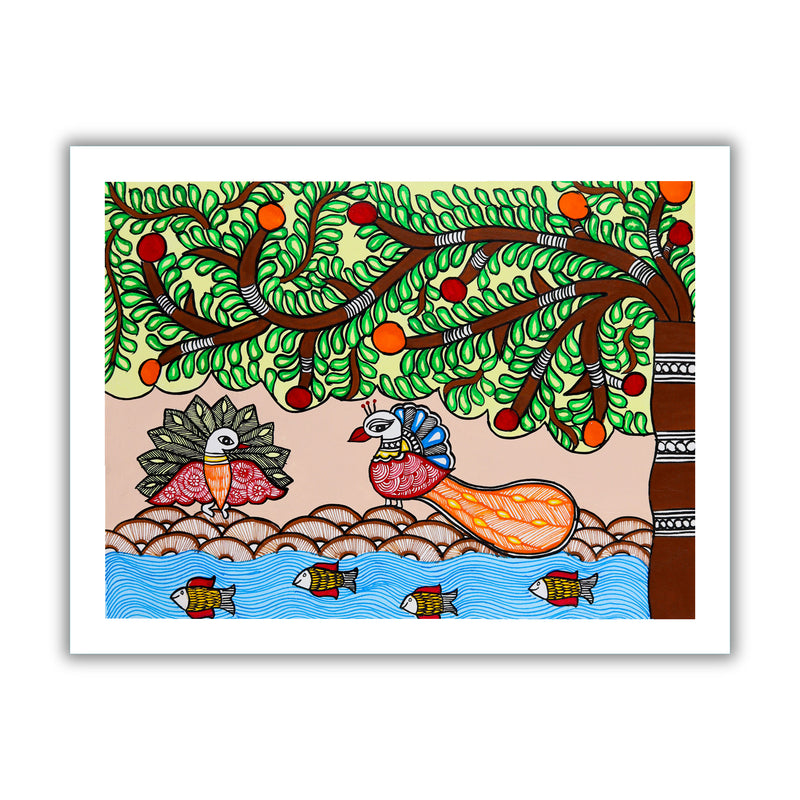 Handmade Dancing Peacock Madhubani Painting Wall Decor 12x16