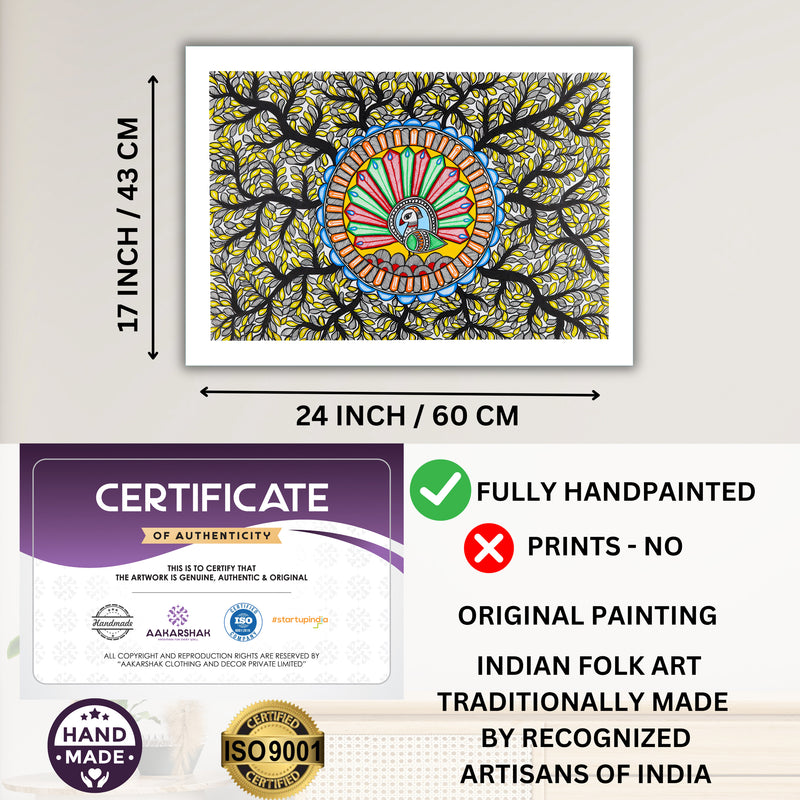 Handmade Dancing Peacock Madhubani Painting Wall Decor 17x24