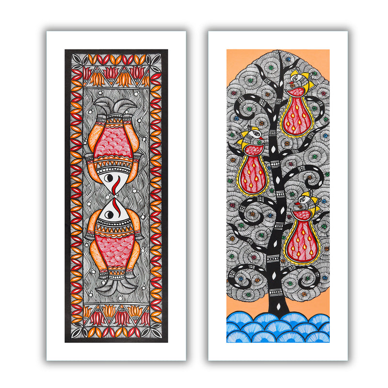 Handmade Madhubani Painting Set of 2 –Fish and Peacock Wall Decor 8x23