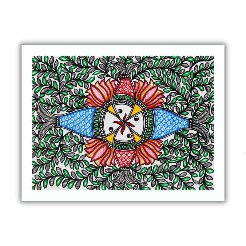 Handmade Madhubani Fish Painting 12x16 Inch Wall Decor